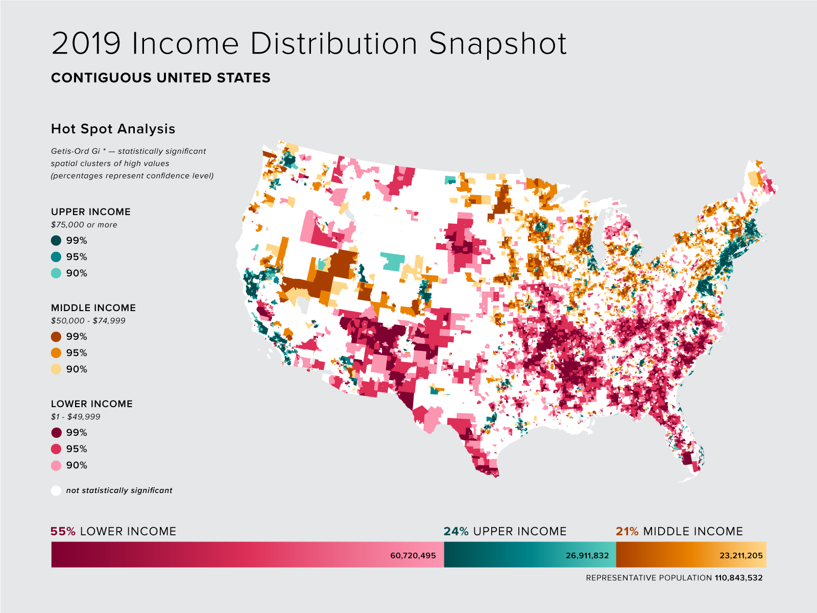 2019 US incomes; mapped as per lower, middle, and upper class, by census tract