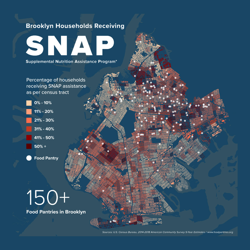 data: map, SNAP recipients and food pantries in Brooklyn, New York
