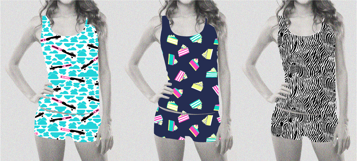 Delta Galil allover prints: on models - airplane in clouds; cake slices; zebras in zebra print