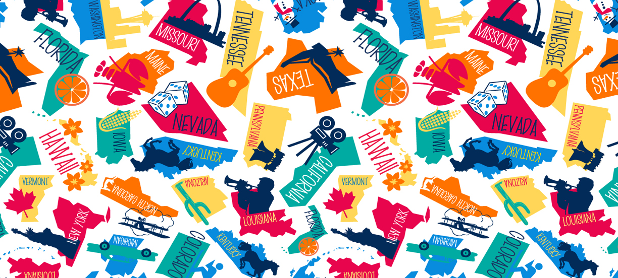 Delta Galil allover prints: Texas, Nevada, Colorado, Kentucky, North Carolina, Missouri, Florida, Maine, Tennessee, New York, Vermont, Michigan, Arizona, Louisana, California