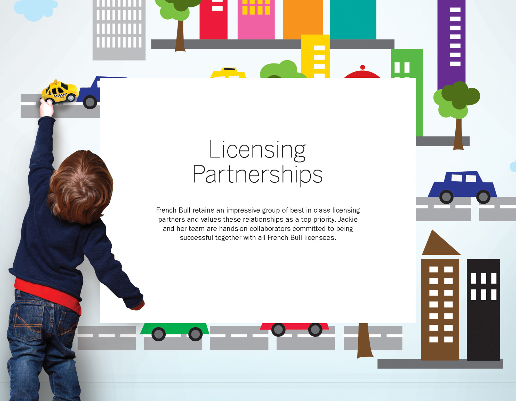 French Bull brand book interior spread: licensing partnerships