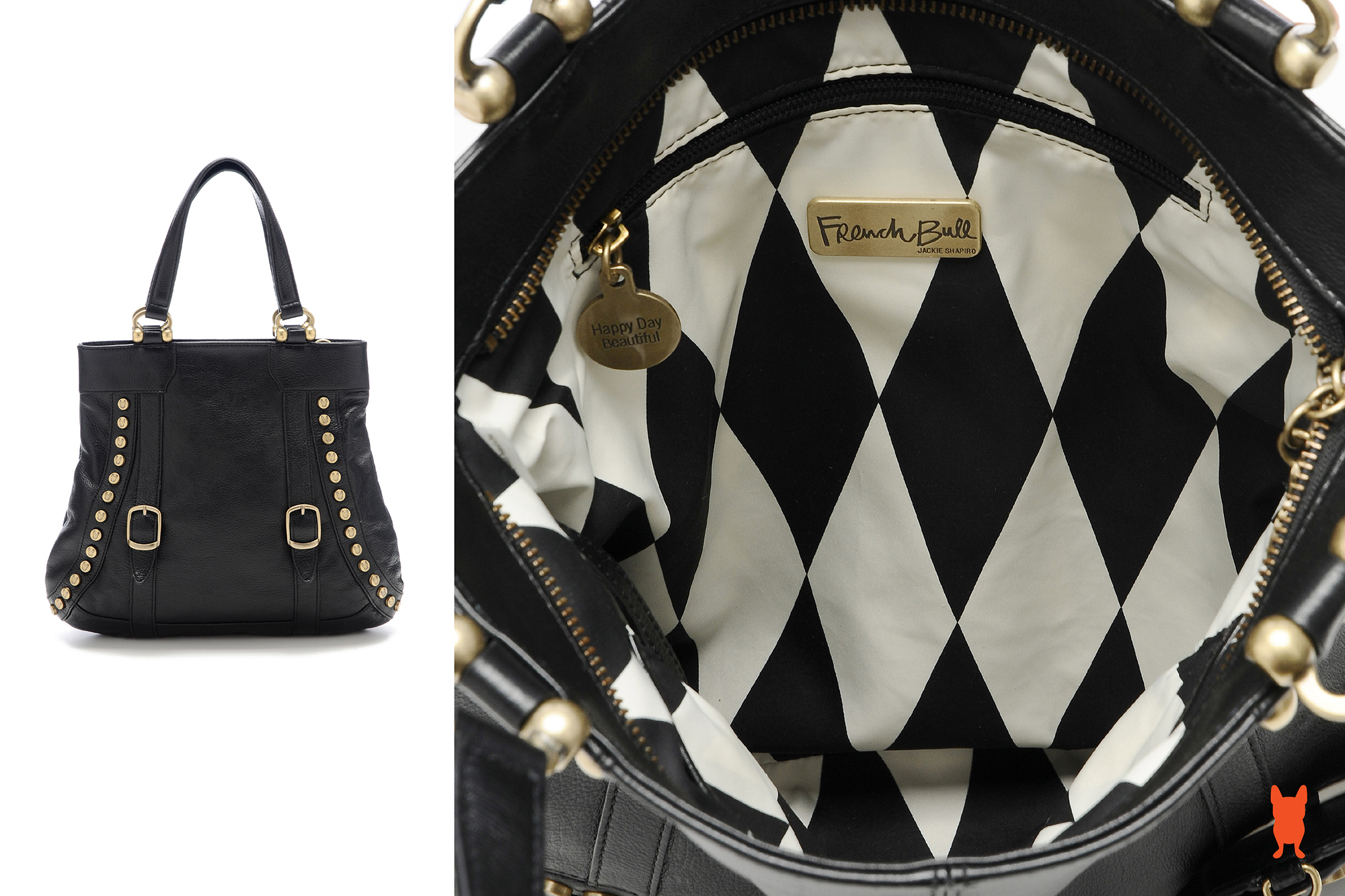 French Bull look book: black leather handbag with interior patterned fabric